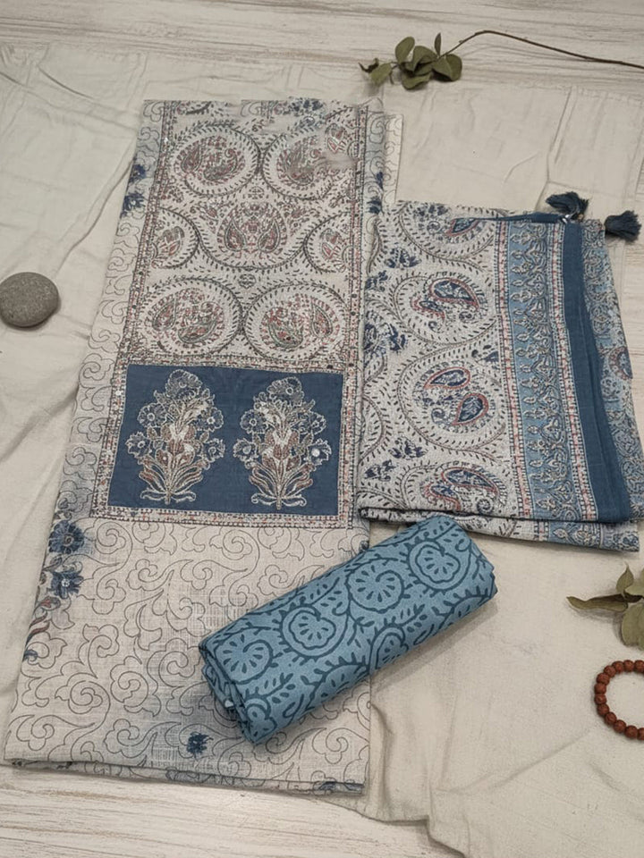Printed Linen Blend Unstitched Suit With Pant &amp; Dupatta