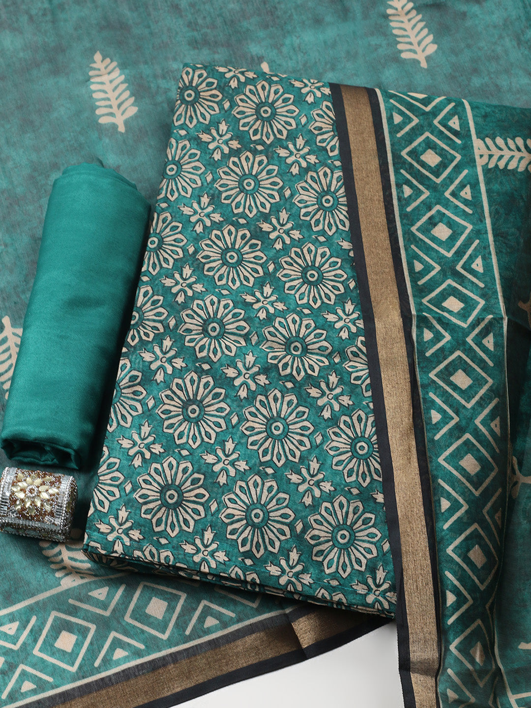 Printed Chanderi Unstitched Suit With Pant &amp; Dupatta