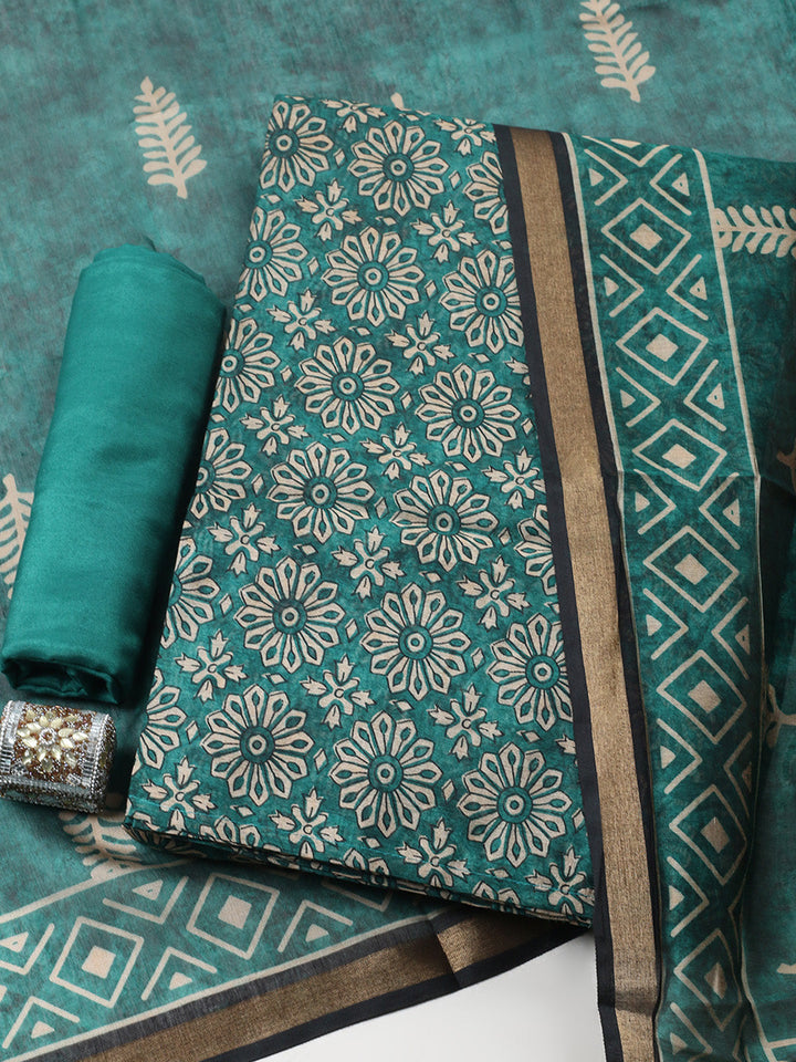 Printed Chanderi Unstitched Suit With Pant &amp; Dupatta