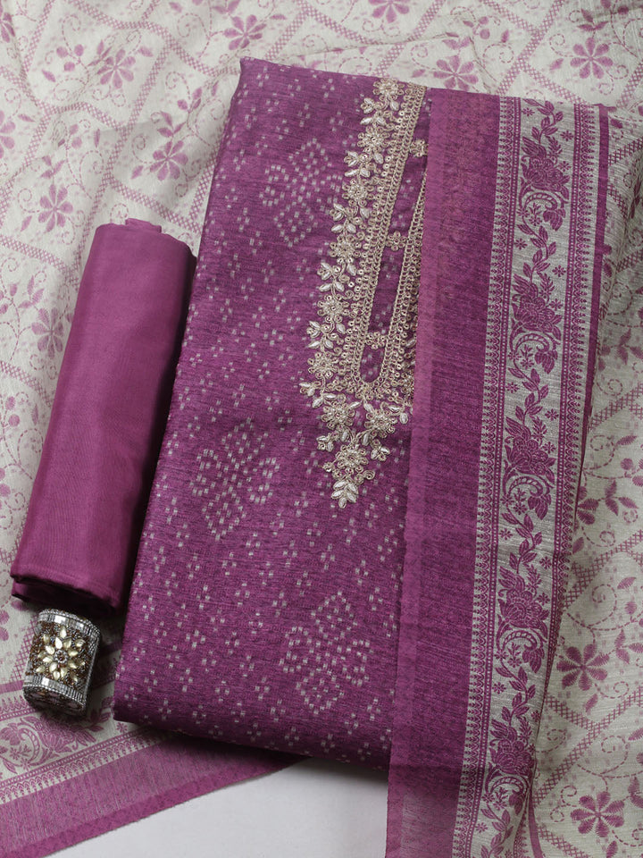 Embroidered Chanderi Unstitched Suit With Pant &amp; Dupatta