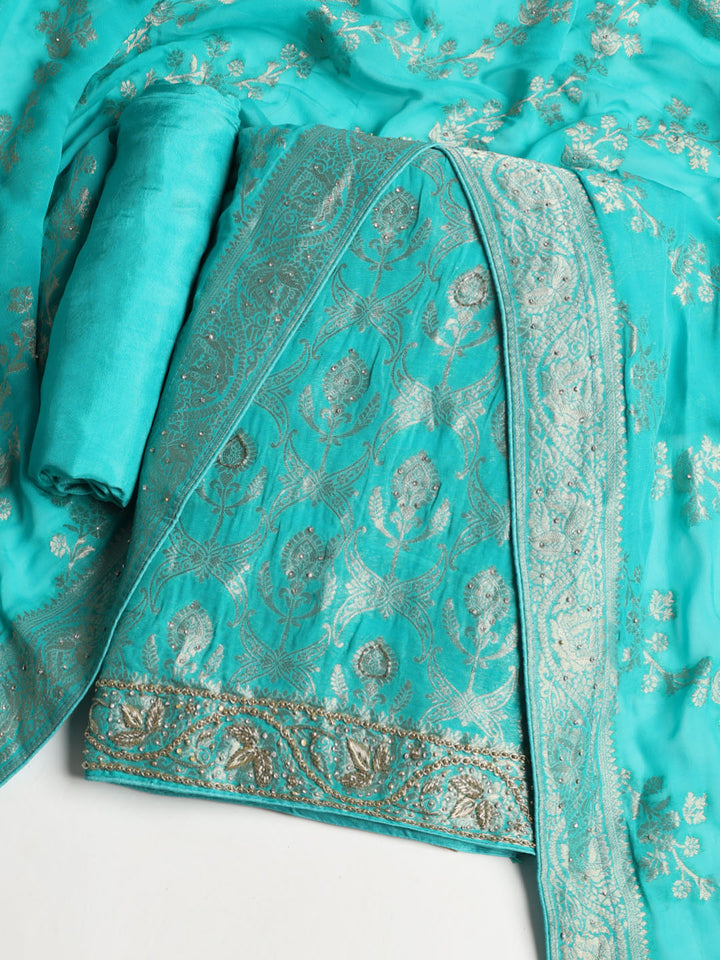Neck Embroidered Georgette Unstitched Suit With Dupatta