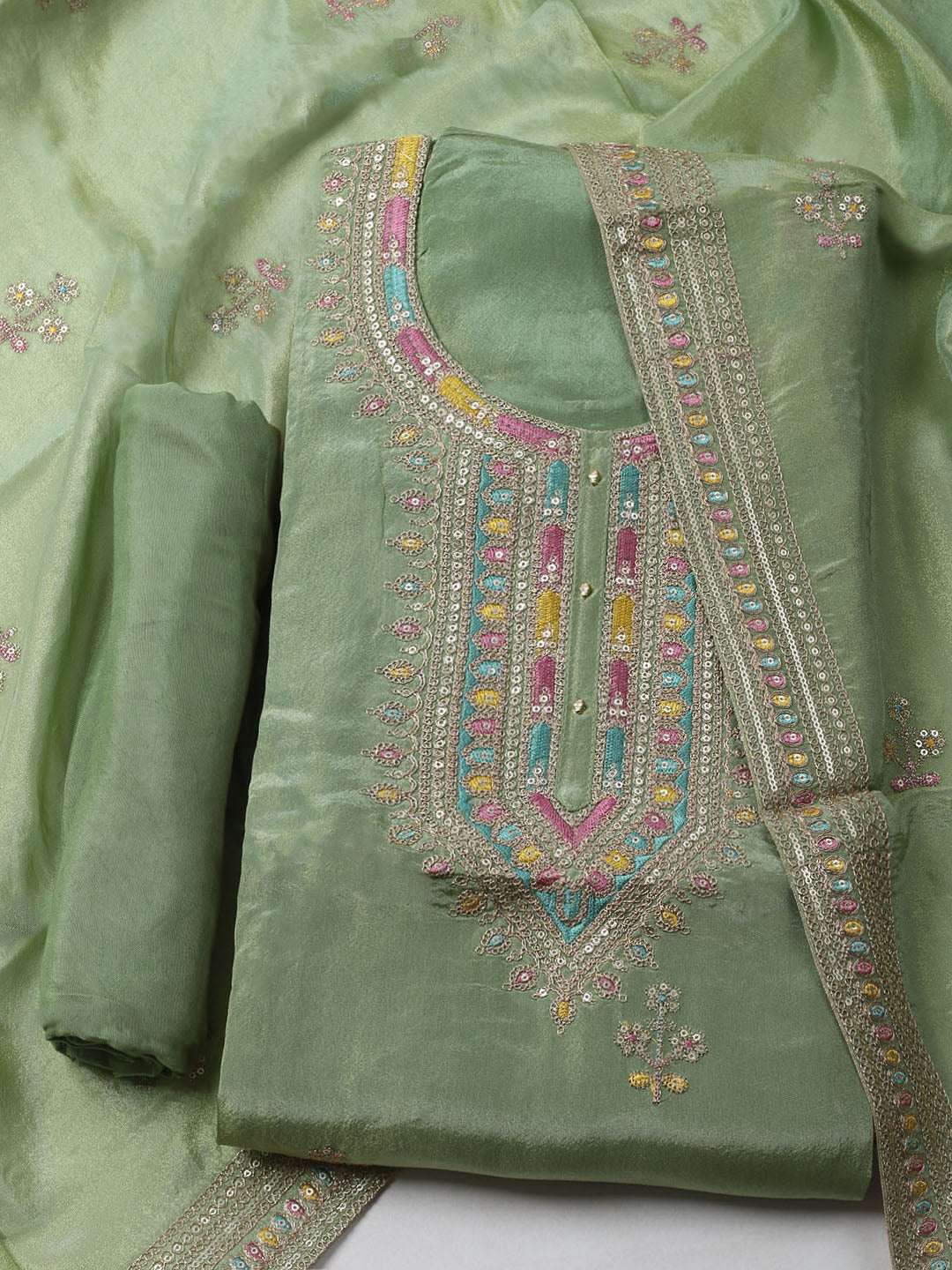 Embroidered Organza Unstitched Kurta With Pant &amp; Dupatta