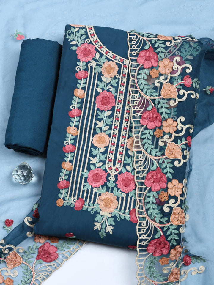 Embroidered Cotton Blend Unstitched Suit With Pant &amp; Dupatta