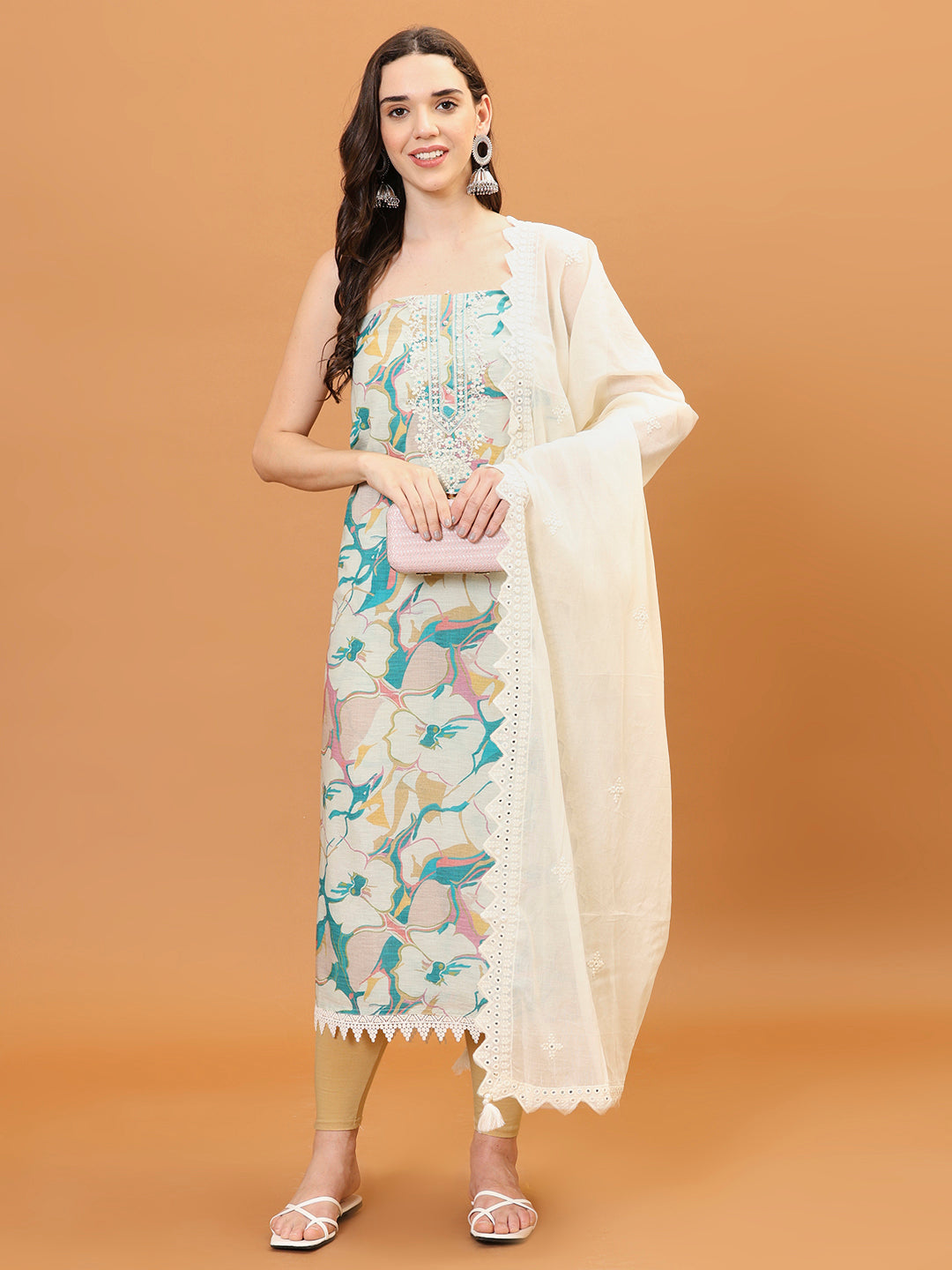 Neck Embroidered Cotton Blend Unstitched Suit Piece With Dupatta