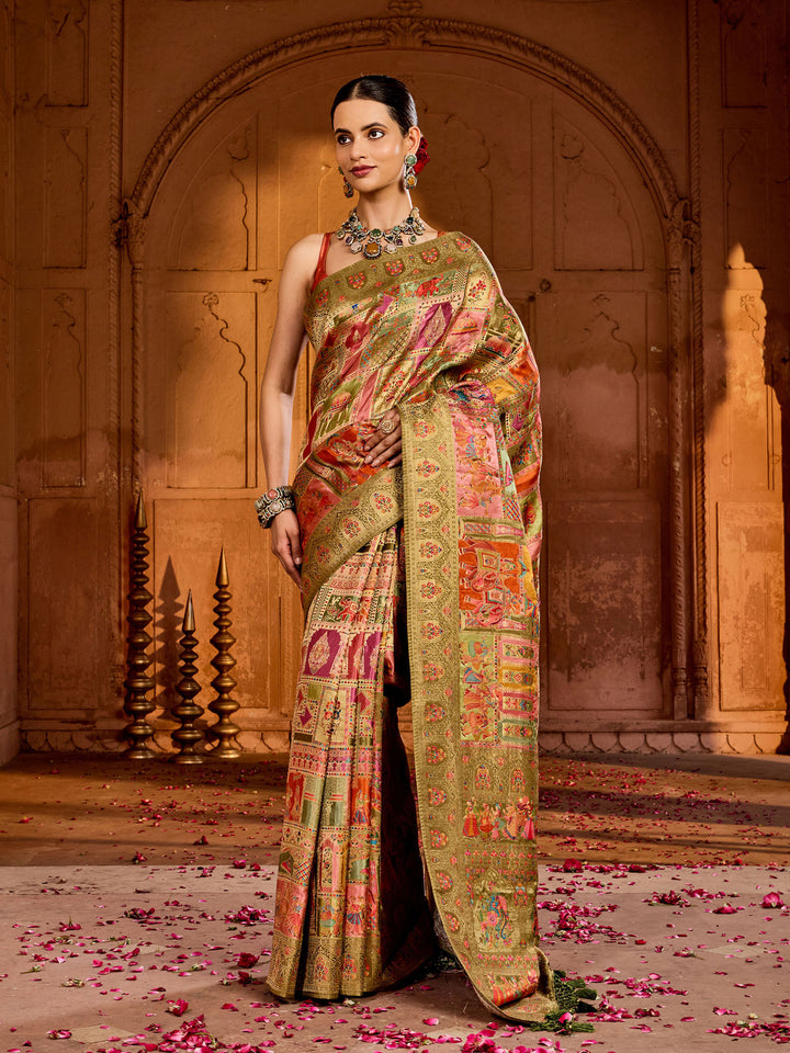 Mehndi Satin Woven Saree