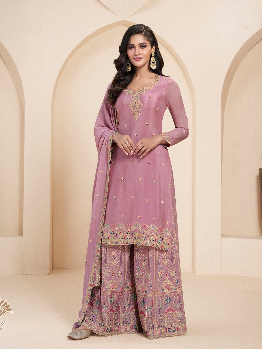 Embroidered Chinon Unstitched Suit With Pant &amp; Dupatta