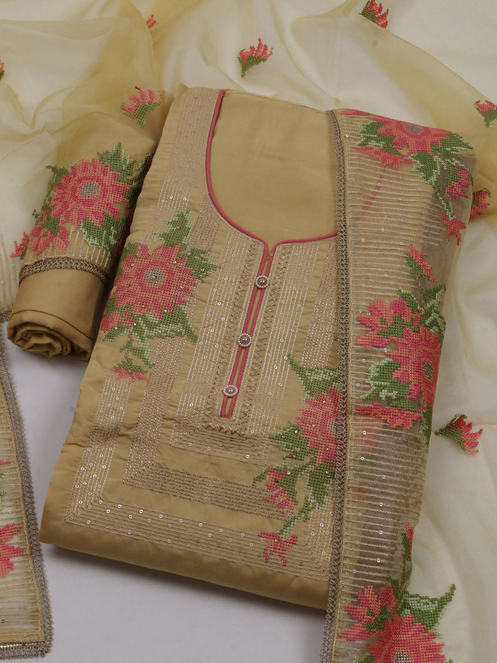Neck Embroidered Chanderi Unstitched Suit With Dupatta