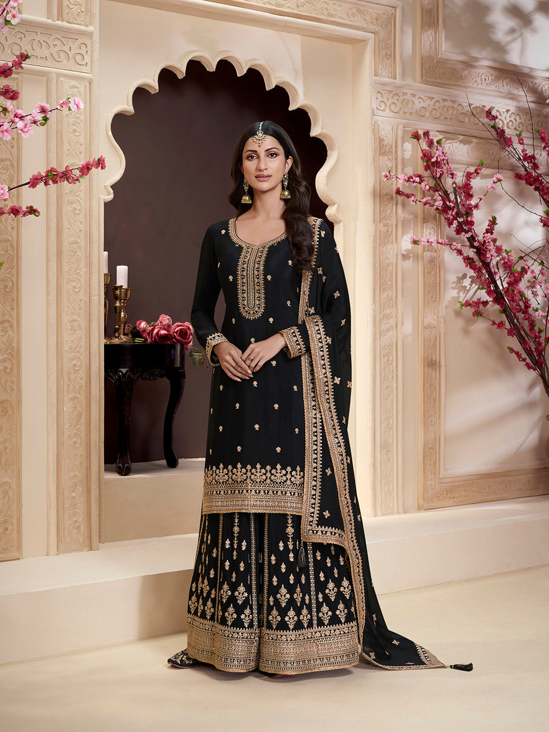 Embroidered Chinon Semi Stitched Kurta with Stitched Sharara &amp; Dupatta