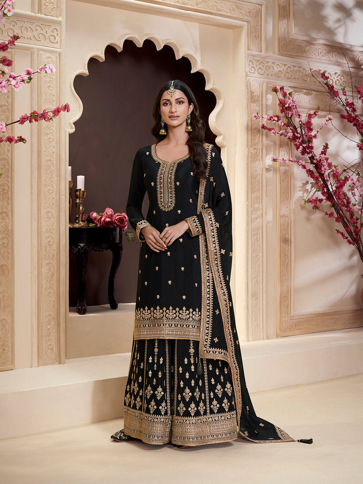 Embroidered Chinon Semi Stitched Kurta with Stitched Sharara &amp; Dupatta