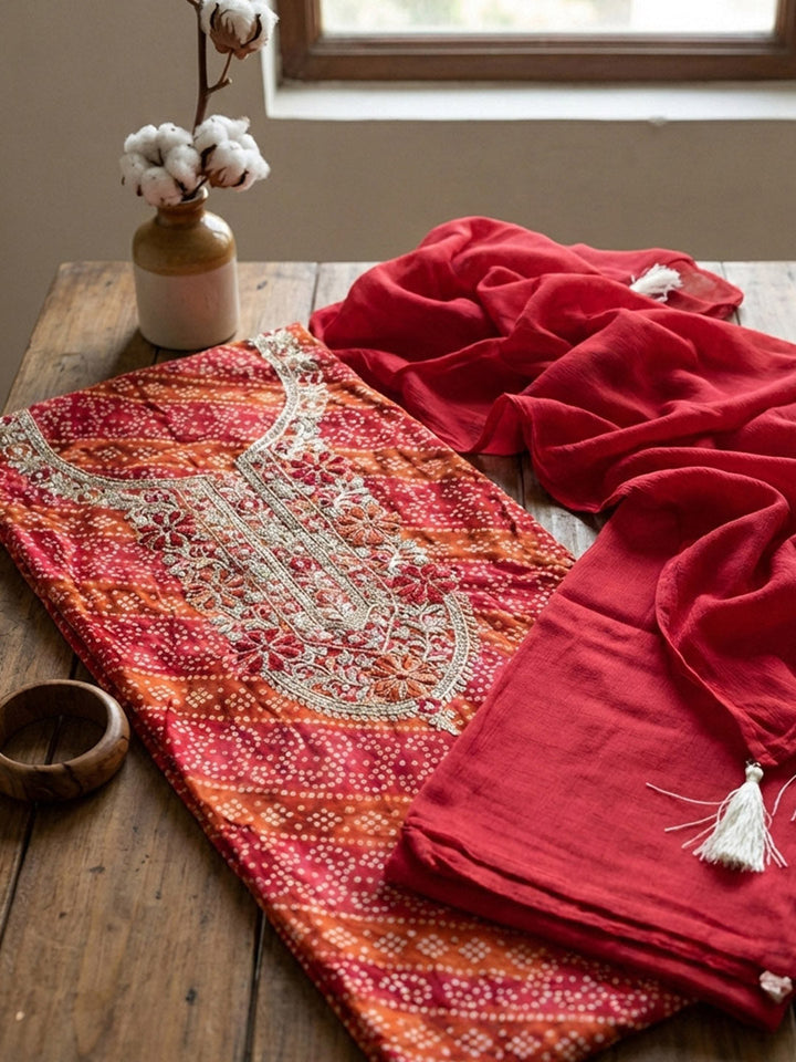 Printed Cotton Blend Unstitched Suit With Pant &amp; Dupatta