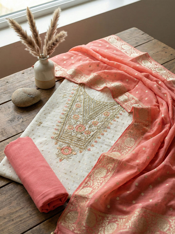 Embroidered Chanderi Unstitched Suit With Pant &amp; Dupatta