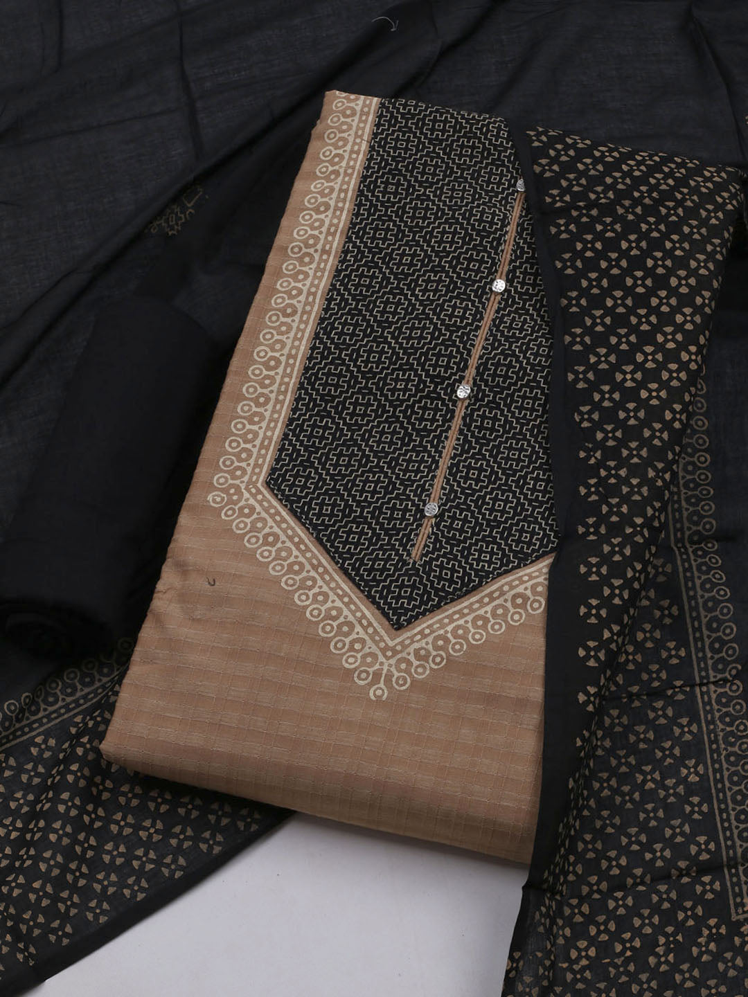 Patch Neck Cotton Blend Unstitched Suit With Dupatta