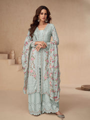 Embroidered Chinon Silk Kurta With Plazzo & Dupatta
