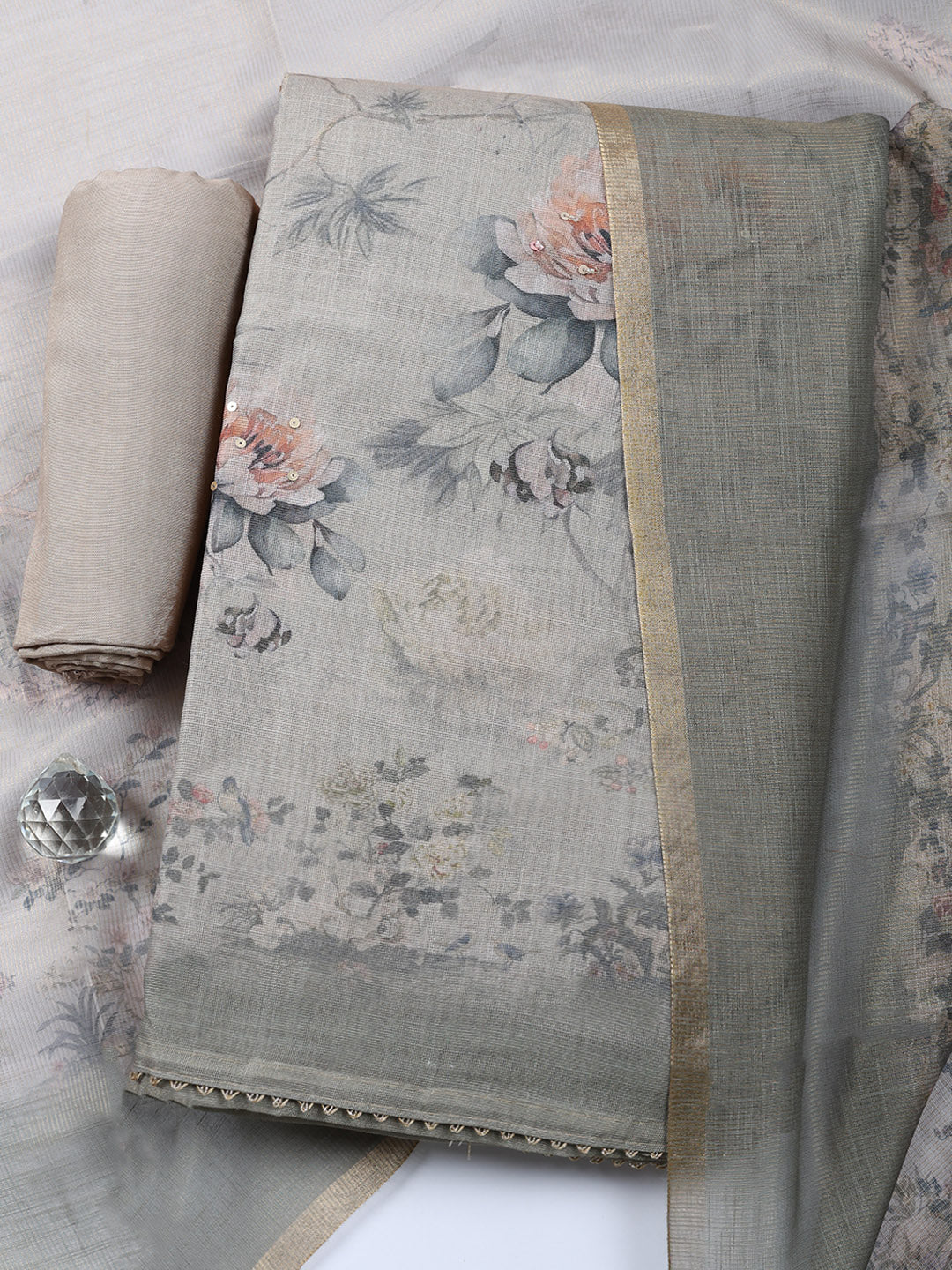 Embroidered Tissue Unstitched Suit With Pant Dupatta