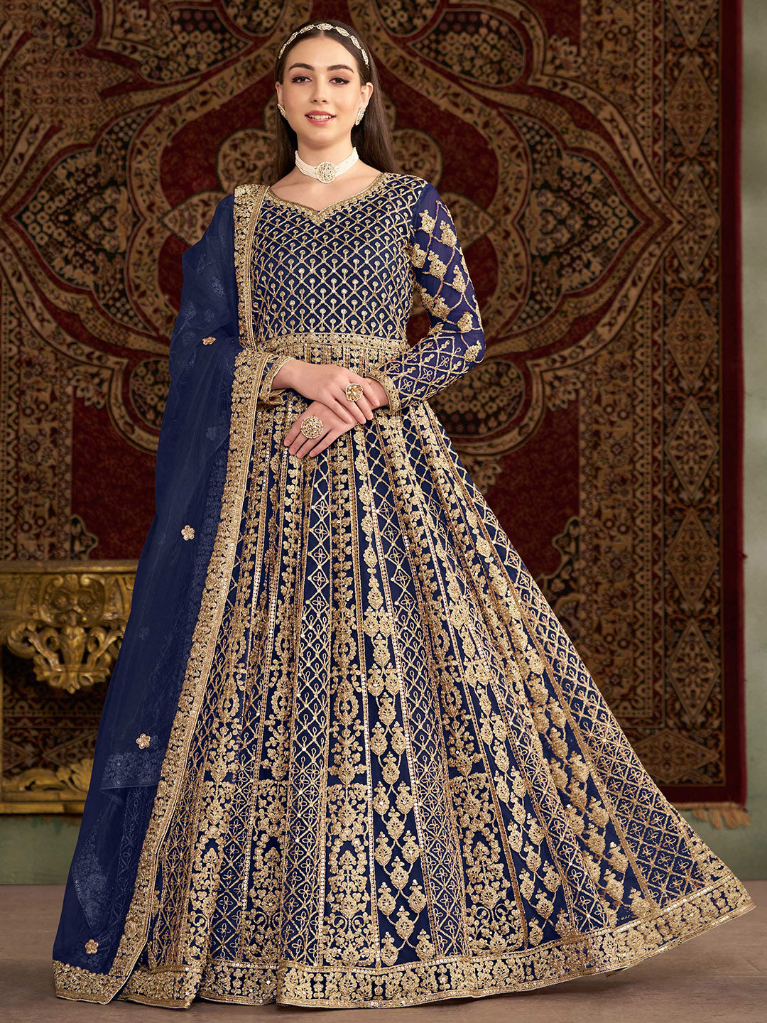 Embroidered Net Semi Stitched Gown With Dupatta