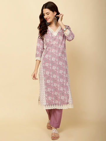 Floral Printed Cotton Straight Kurta With Pants