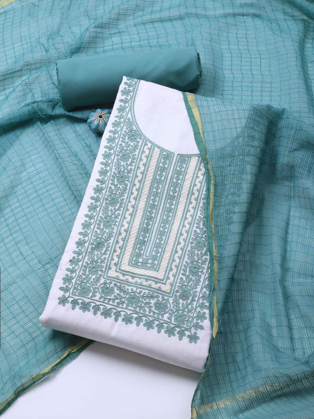 Neck Embroidery Cotton Blend Unstitched Suit With Dupatta