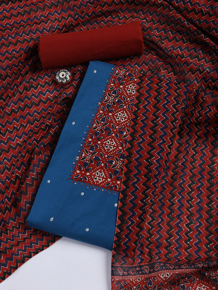 Neck Mirror Work Cotton Blend Unstitched Suit With Dupatta