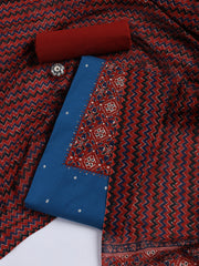 Neck Mirror Work Cotton Blend Unstitched Suit With Dupatta