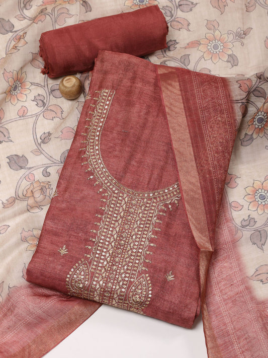 Neck Embroidery Chanderi Unstitched Suit Piece With Dupatta