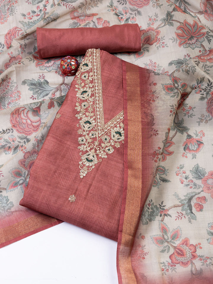 Neck Embroidered Chanderi Unstitched Suit With Dupatta