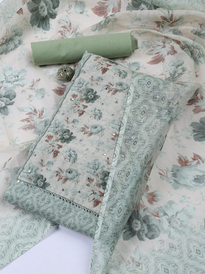 Neck Embroidered Linen Unstitched Suit Piece With Dupatta