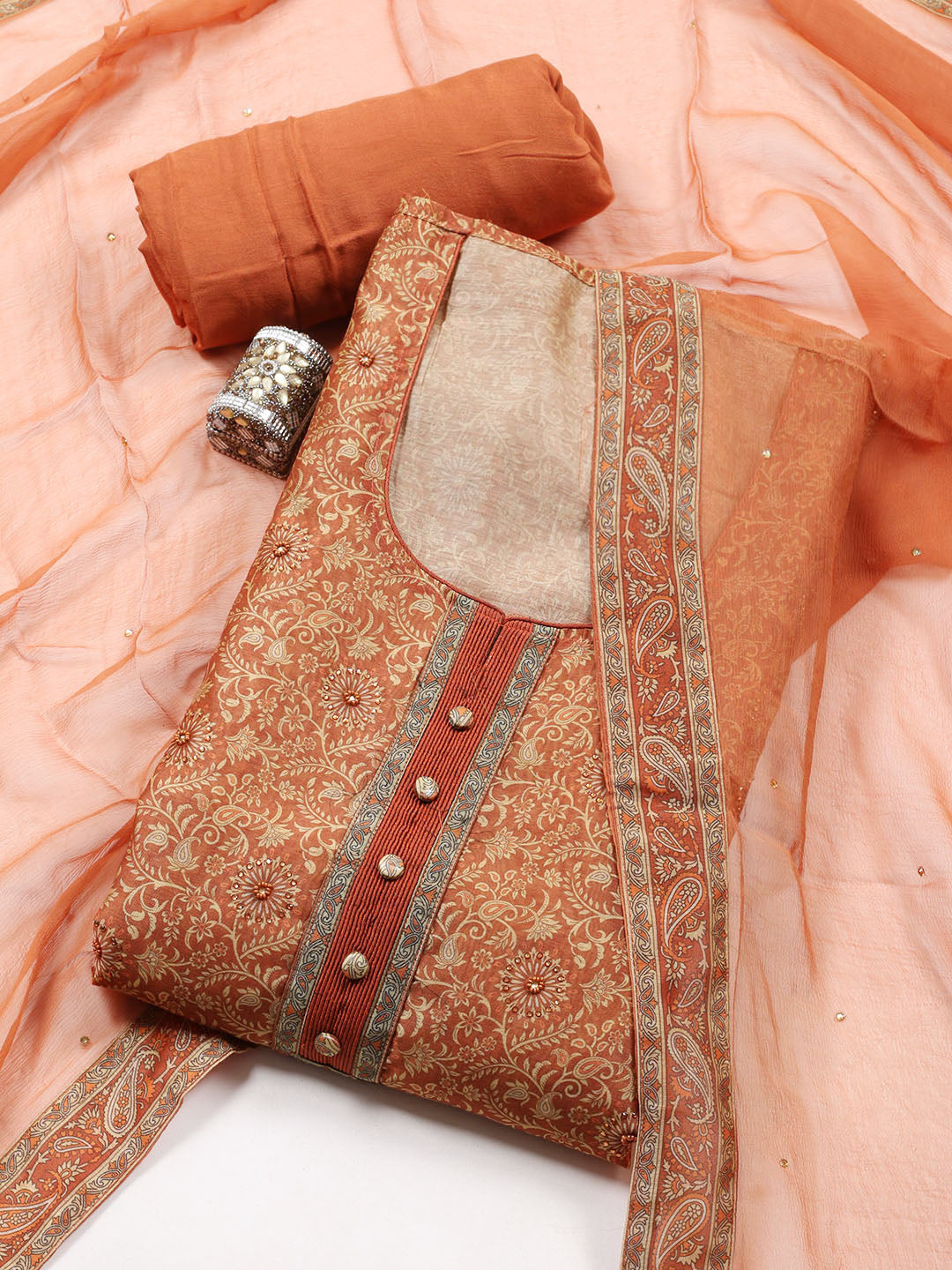 Neck Patti Chanderi Unstitched Suit Piece With Dupatta