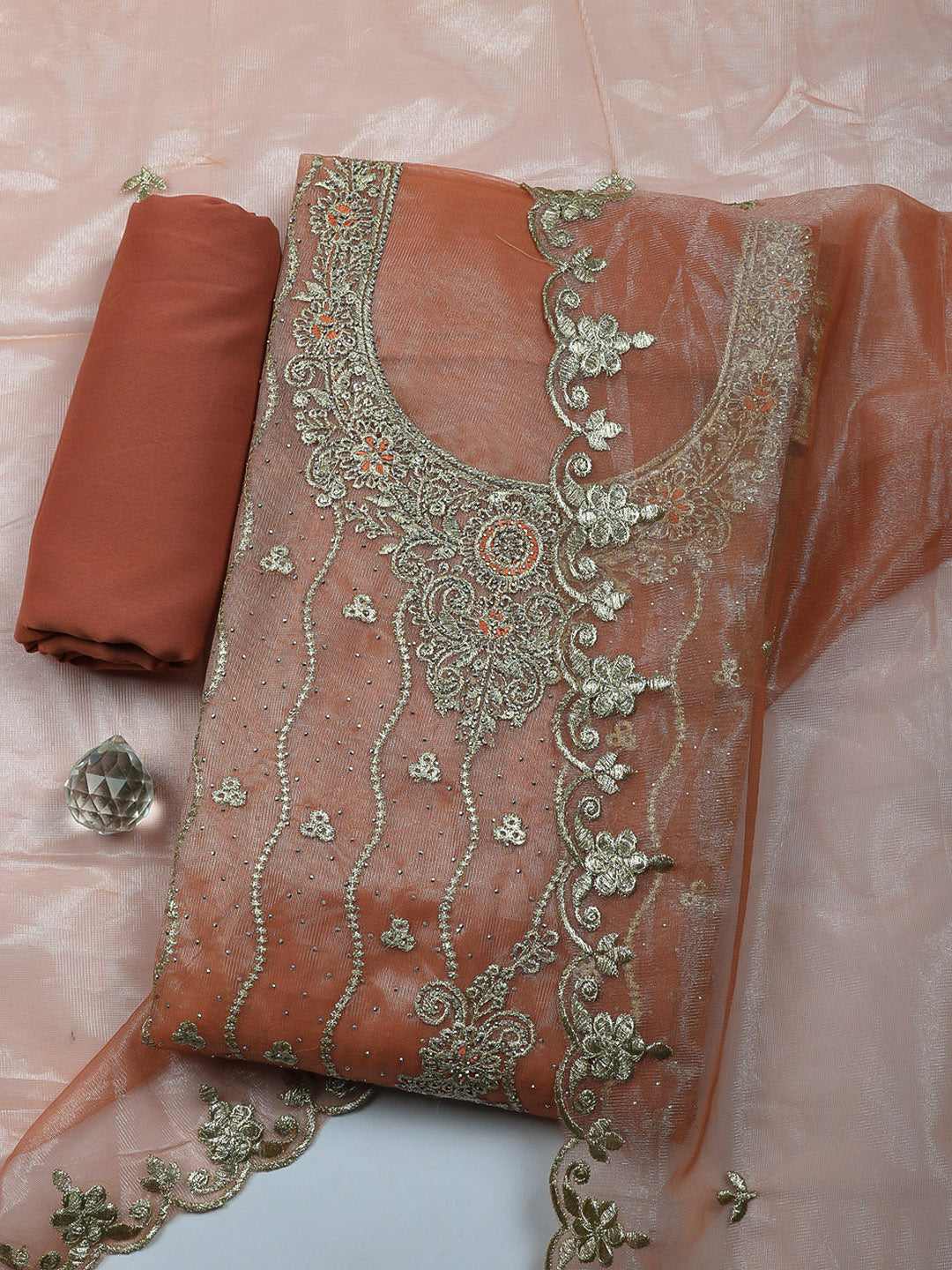 Embroidered Cotton Unstitched Suit With Pant &amp; Dupatta