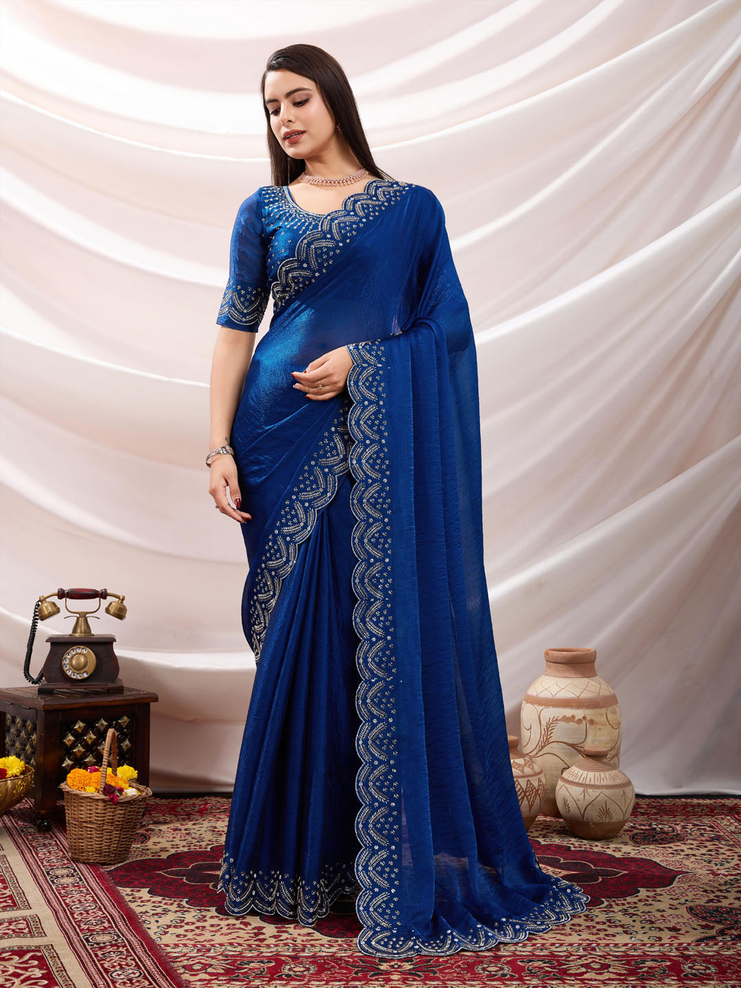 Embroidered Satin Velvet Saree