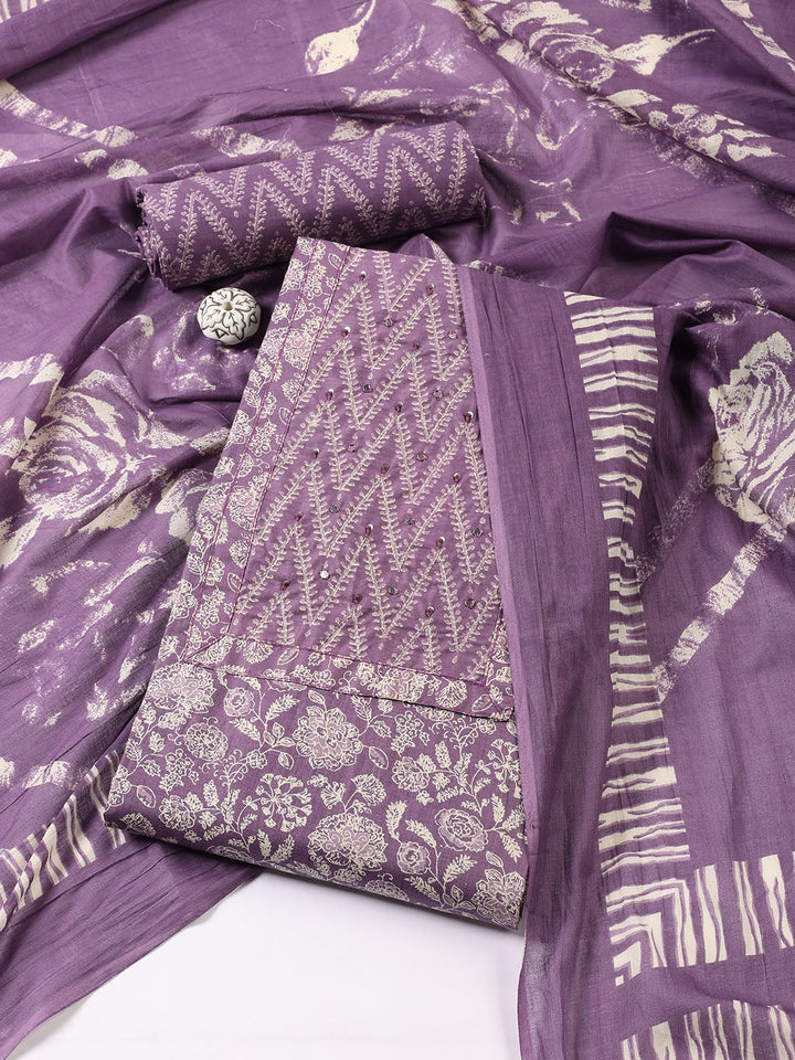 Printed Cotton Blend Unstitched Suit With Dupatta