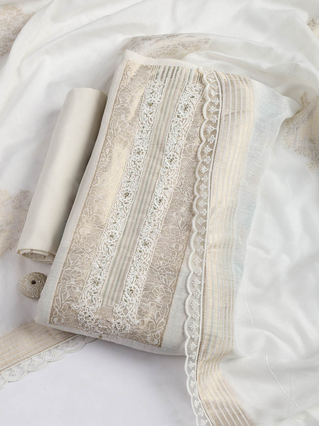 Embroidery Linen Unstitched Suit With Dupatta