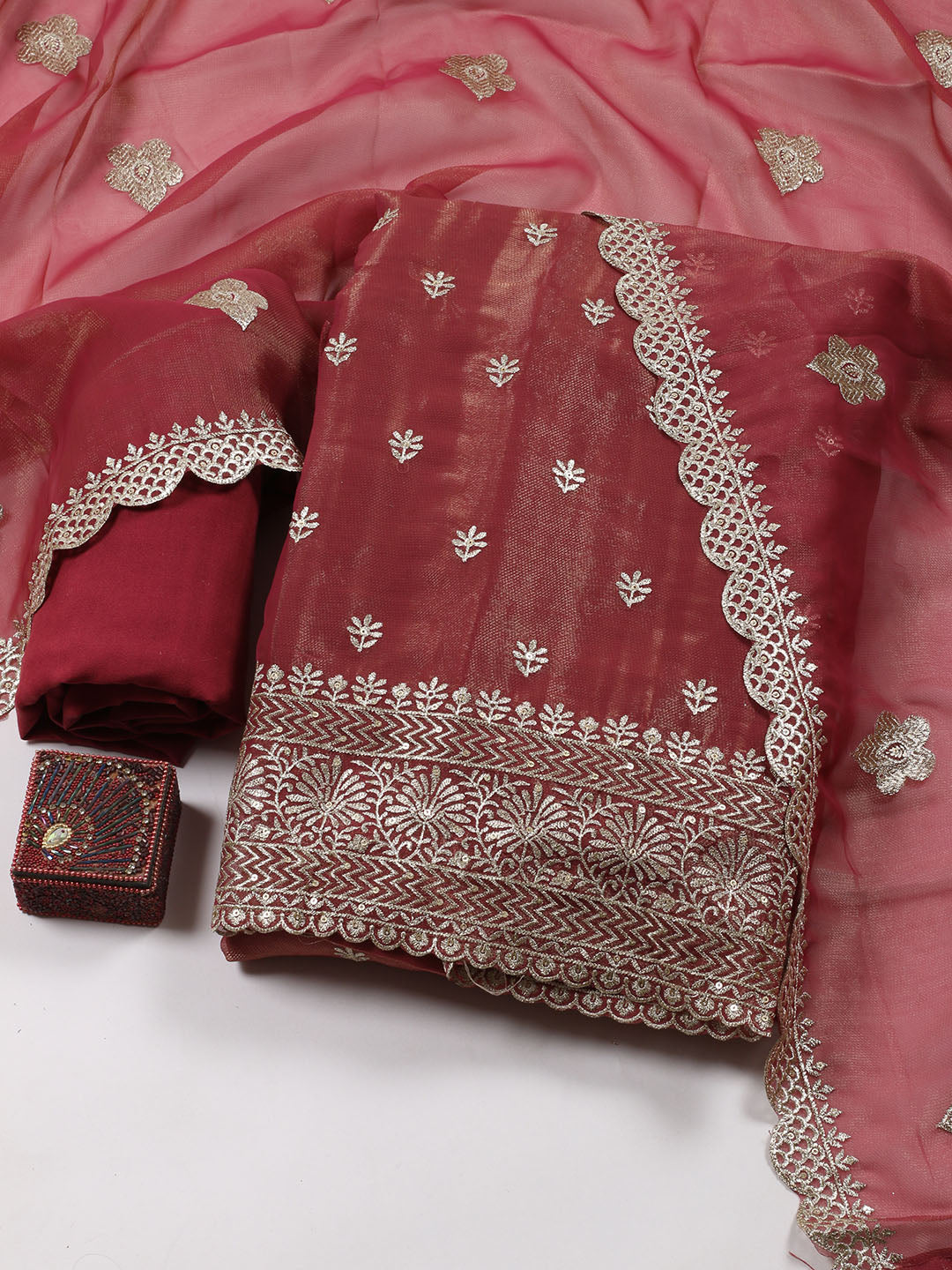 Neck Embroidered Tissue Unstitched Suit With Dupatta