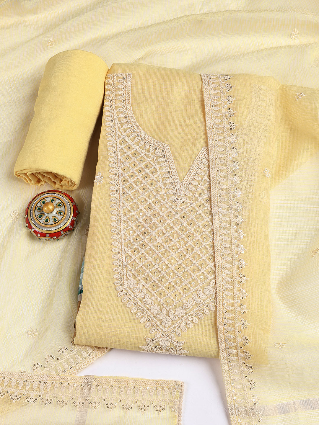Embroidered Cotton Blend Unstitched Suit Piece With Dupatta