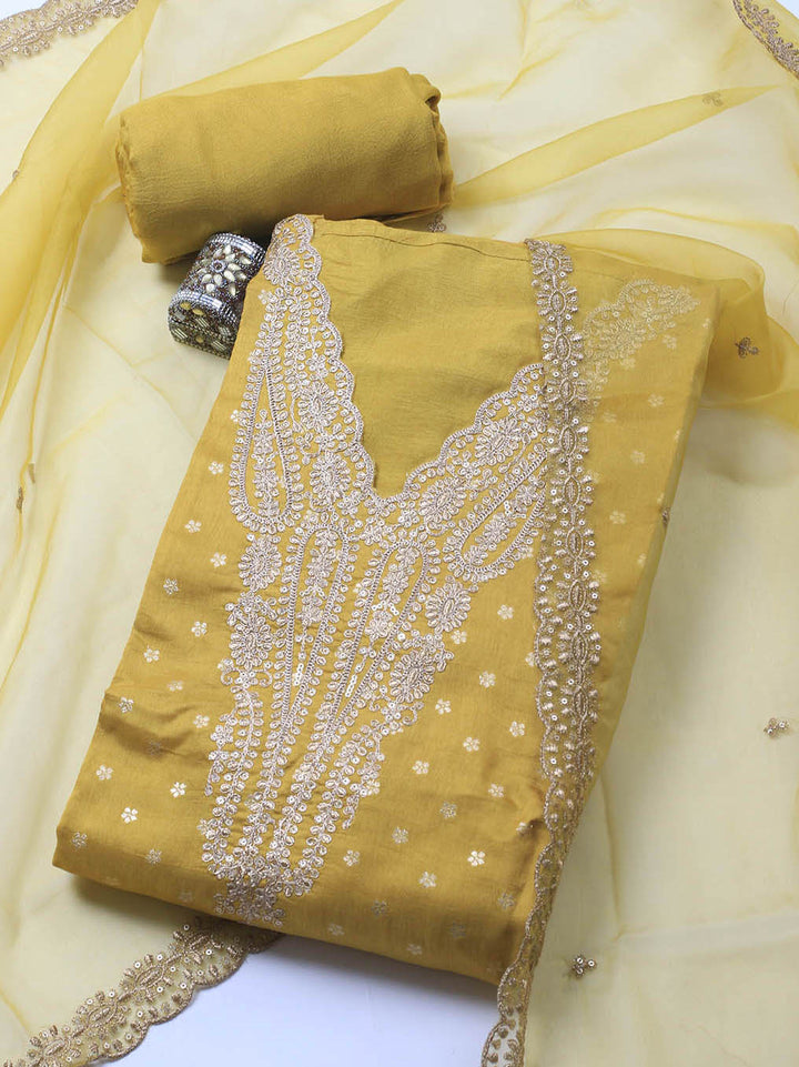 Neck Embroidery Chanderi Unstitched Suit With Dupatta