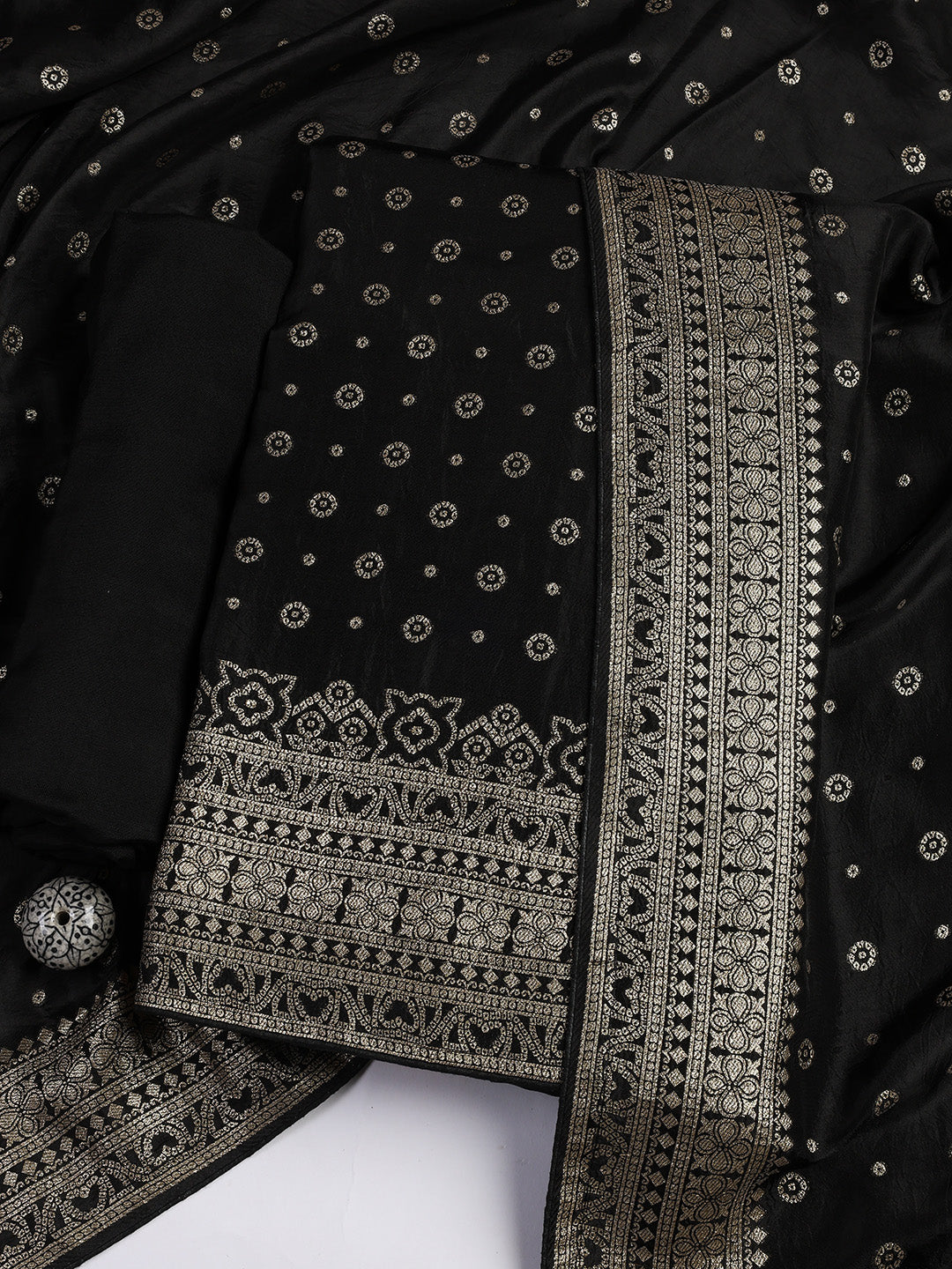 Embroidered Art Silk Unstitched Suit Piece With Dupatta
