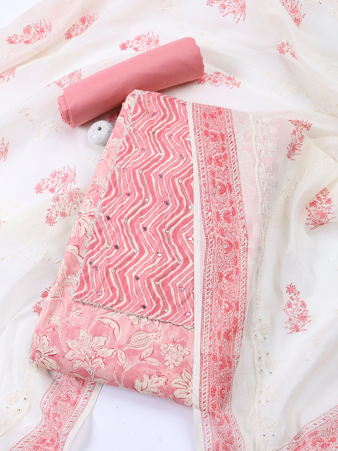 Neck Embroidered Cotton Blend Unstitched Suit With Dupatta