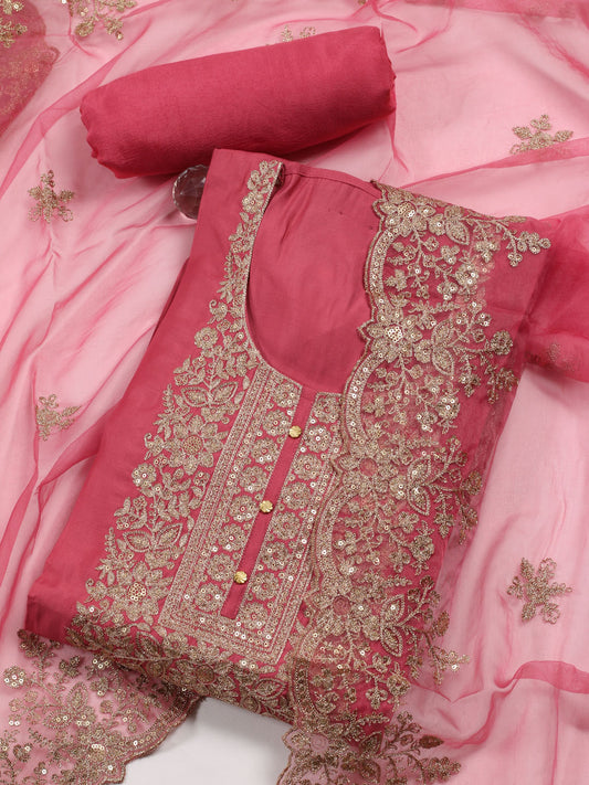 Neck Embroidery Chanderi Unstitched Suit With Dupatta