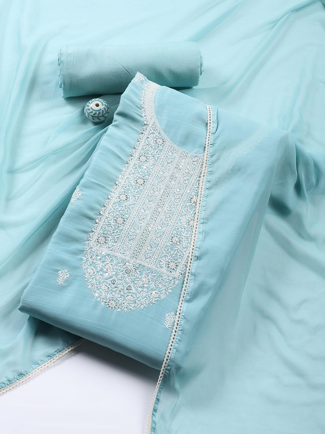 Neck Embroidered Chanderi Unstitched Suit With Dupatta