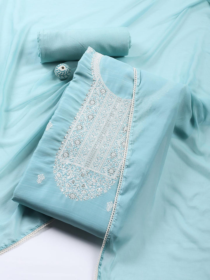 Neck Embroidered Chanderi Unstitched Suit With Dupatta