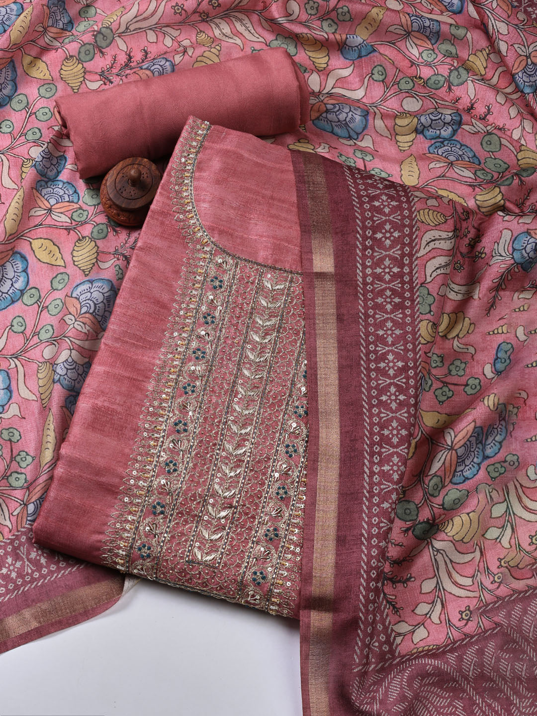 Neck Embroidery Art Tussar Unstitched Suit With Dupatta