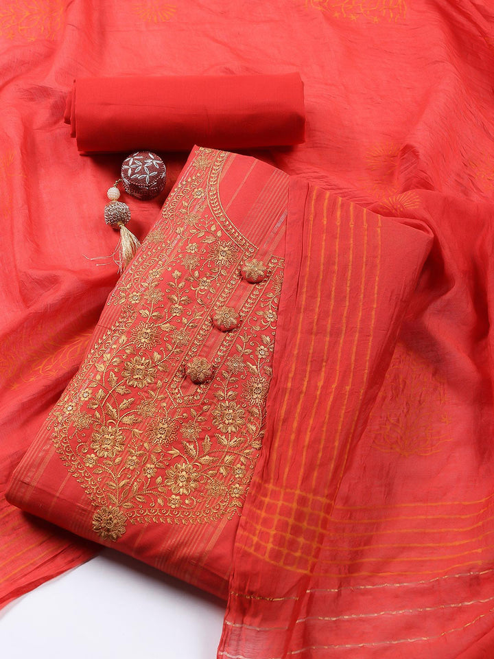 Neck Embroidered Cotton Blend Unstitched Suit Piece With Dupatta