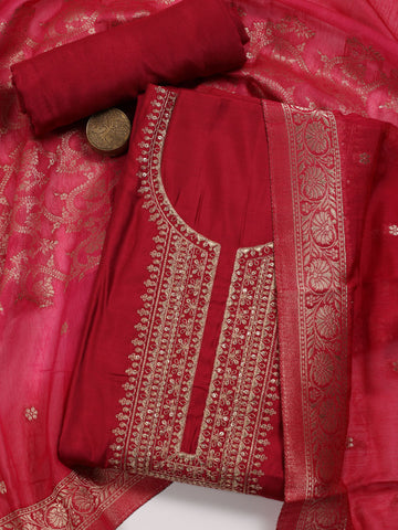 Neck Embroidery Chanderi Unstitched Suit With Dupatta