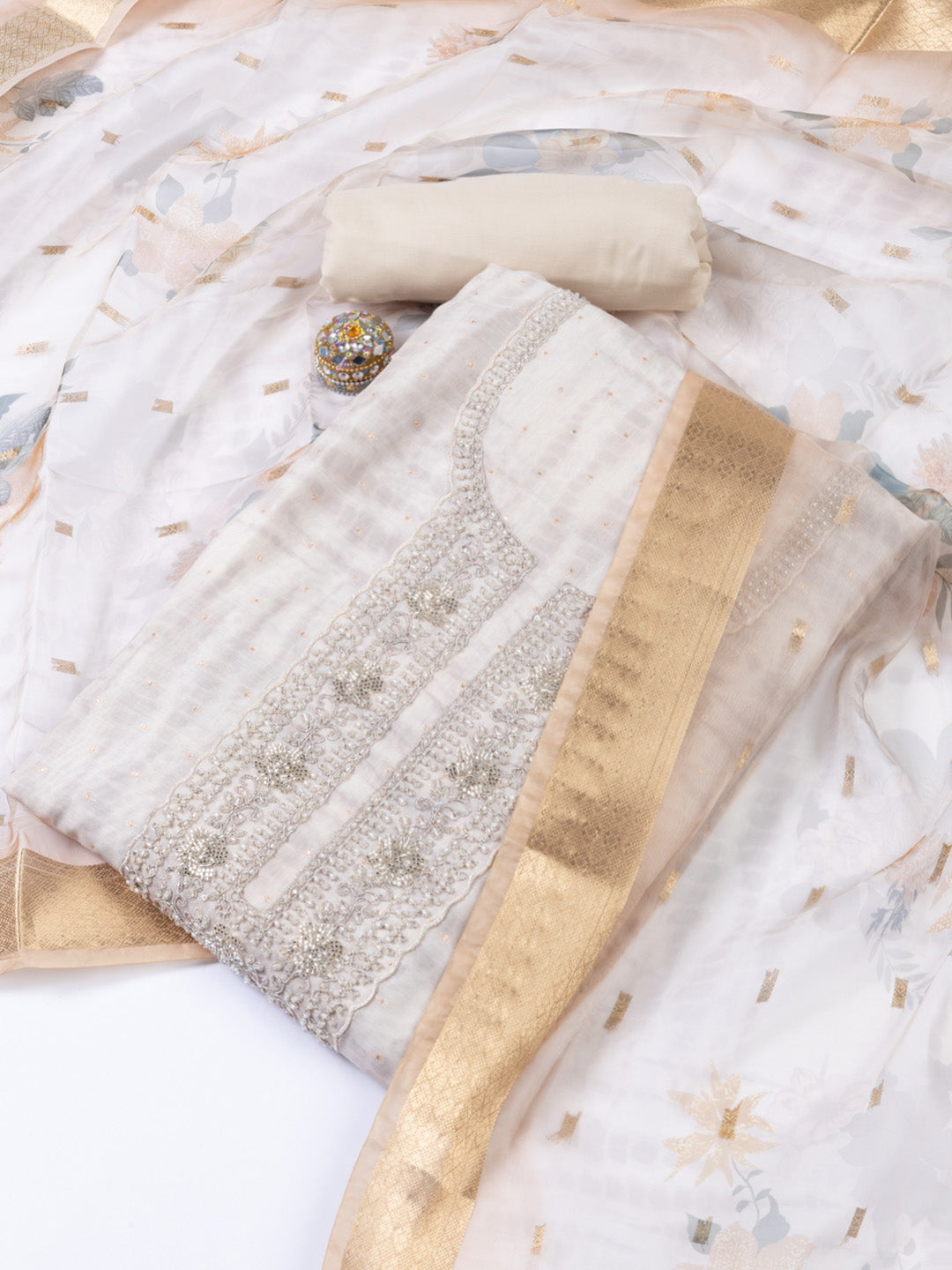 Embroidery Chanderi Unstitched Suit Piece With Dupatta