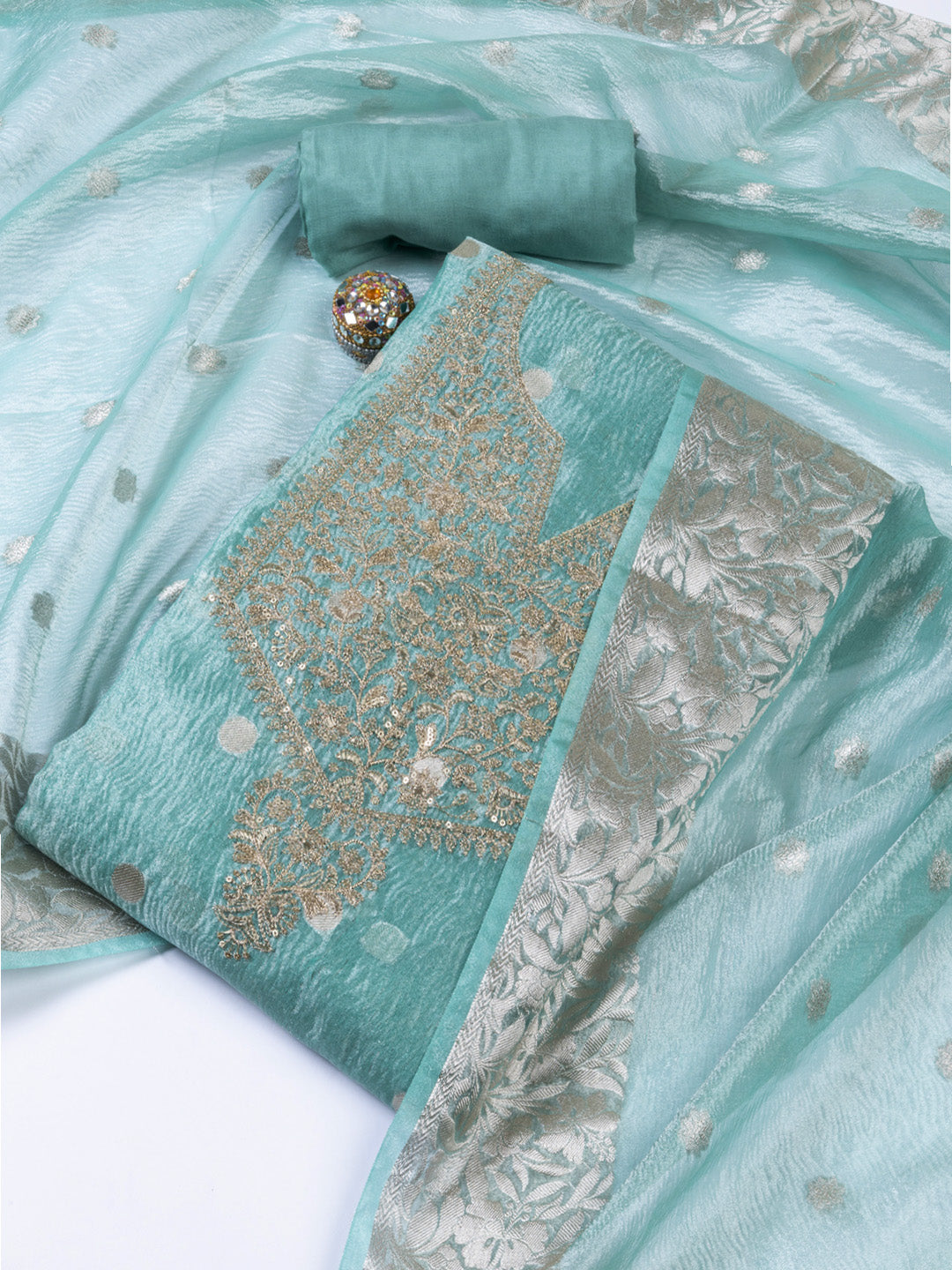 Neck Embroidered Tissue Unstitched Suit Piece With Dupatta