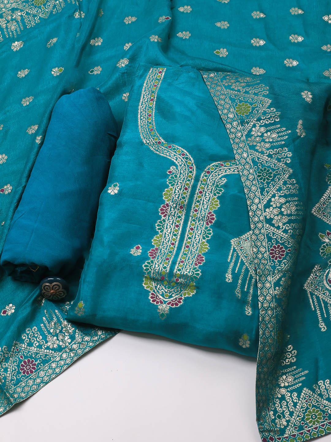 Neck Embroidery Chanderi Unstitched Suit With Dupatta