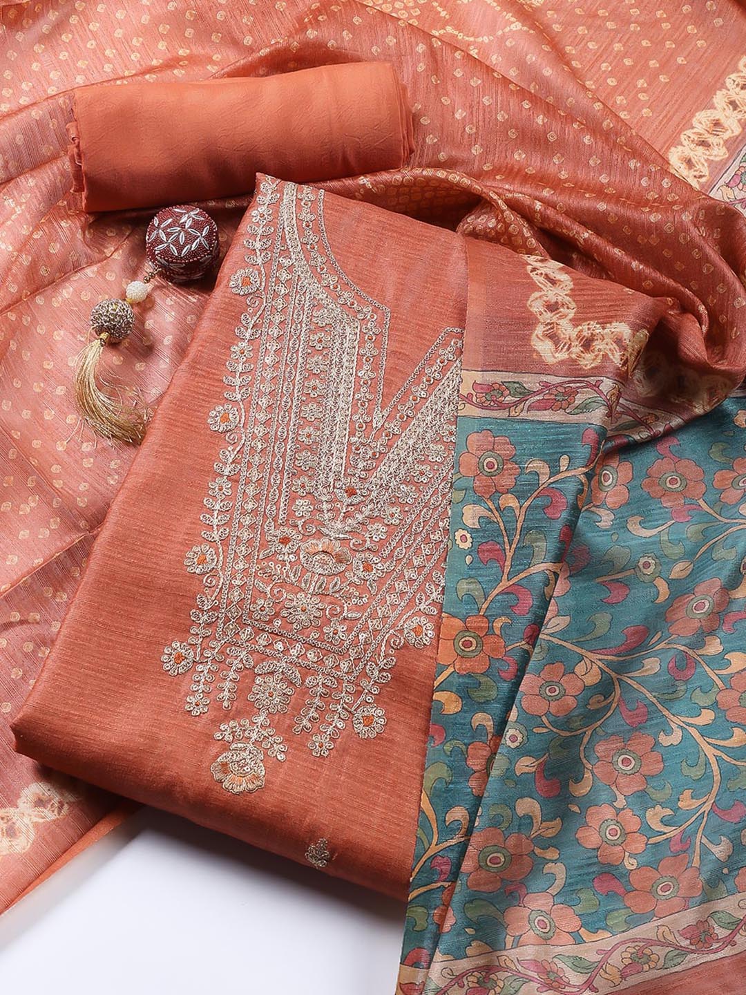 Neck Embroidered Tussar Unstitched Suit Piece With Dupatta