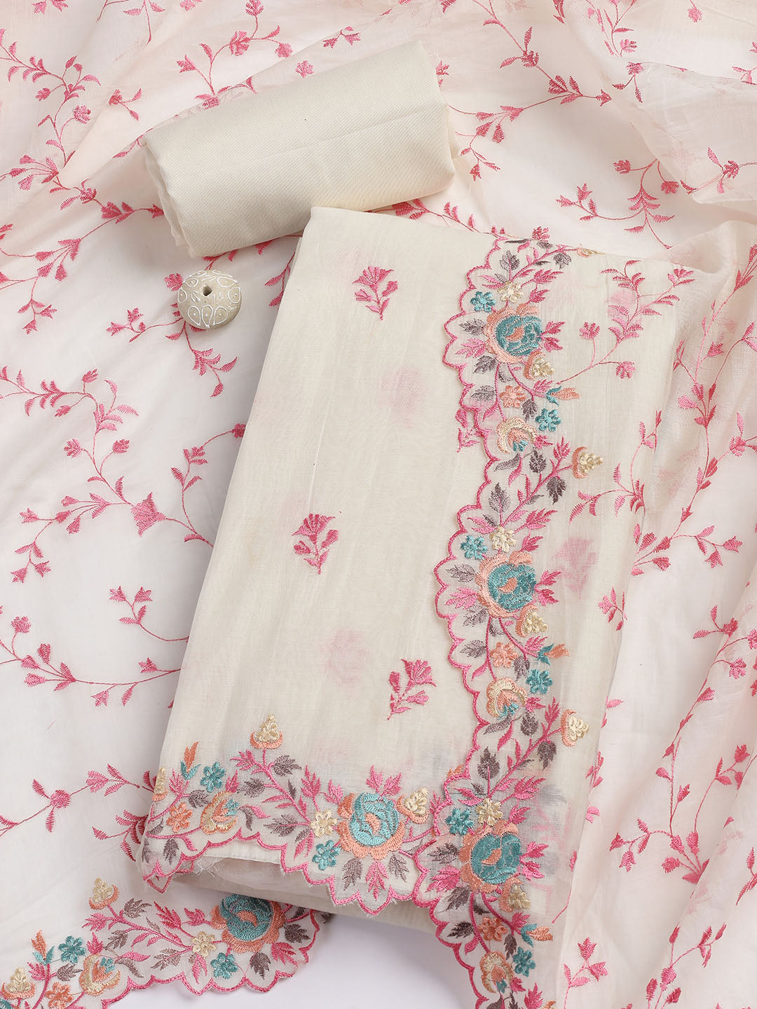 Embroidery Border Chanderi Unstitched Suit With Dupatta