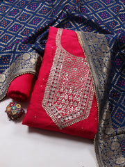 Neck Embroidered Chanderi Unstitched Suit Piece With Dupatta