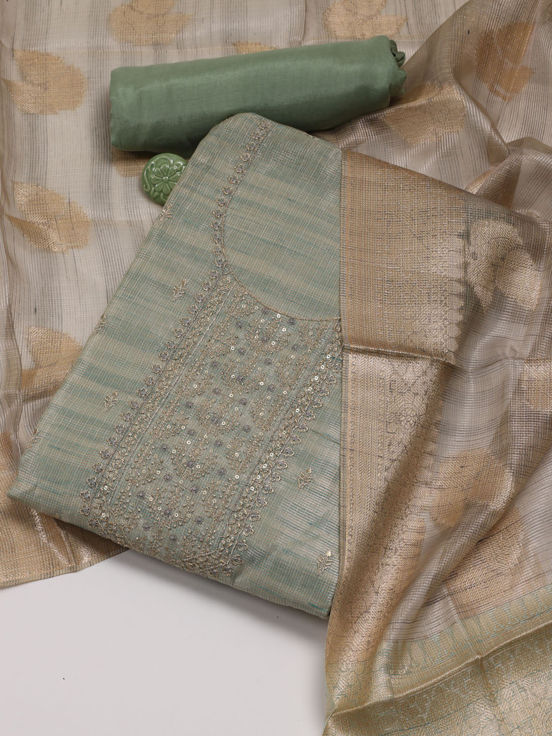 Neck Embroidered Chanderi Unstitched Suit Piece With Dupatta