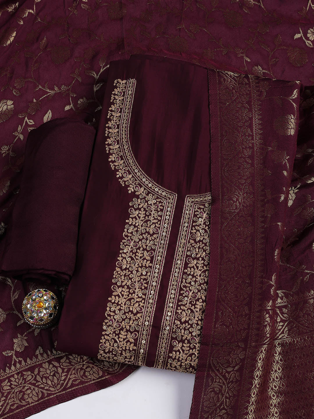 Embroidered Chanderi Unstitched Suit Piece With Dupatta